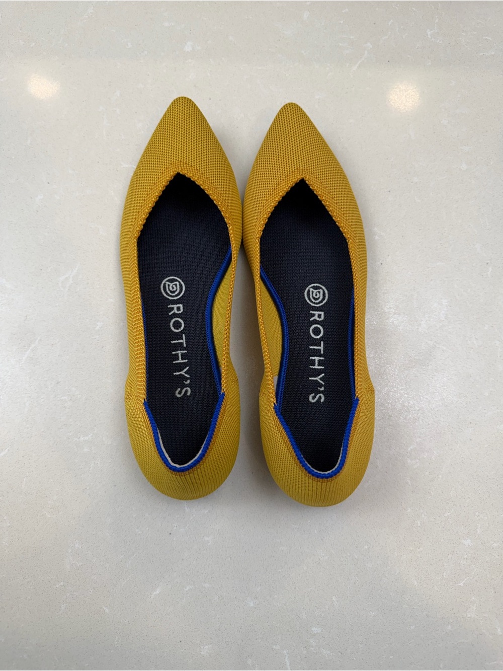 Rothy's Pointed Knit Flats in Mustard with Blue Trim - Picture 8 of 9